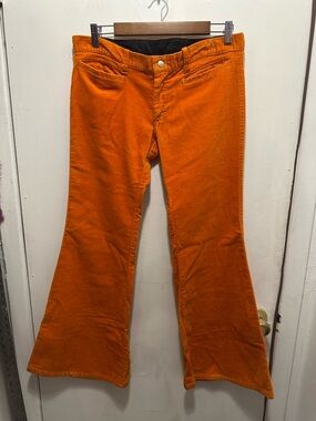 Vintage Orange Corduroy Bell Bottom Pants Low Rise Hip Hugger Made in USA 34x31